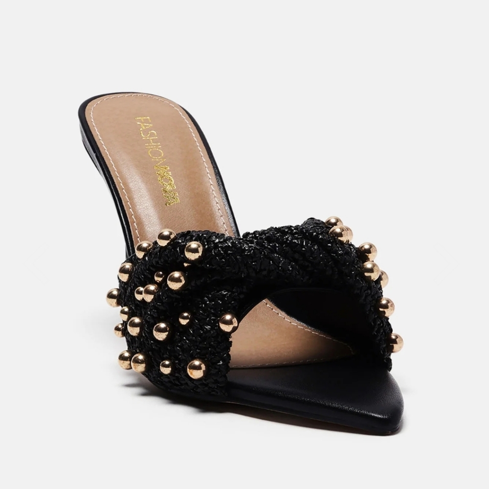 FASHION NOVA; SEBANI BLACK HEELS EMBELLISHED WITH GOLD DESIGN. SIZE 9.